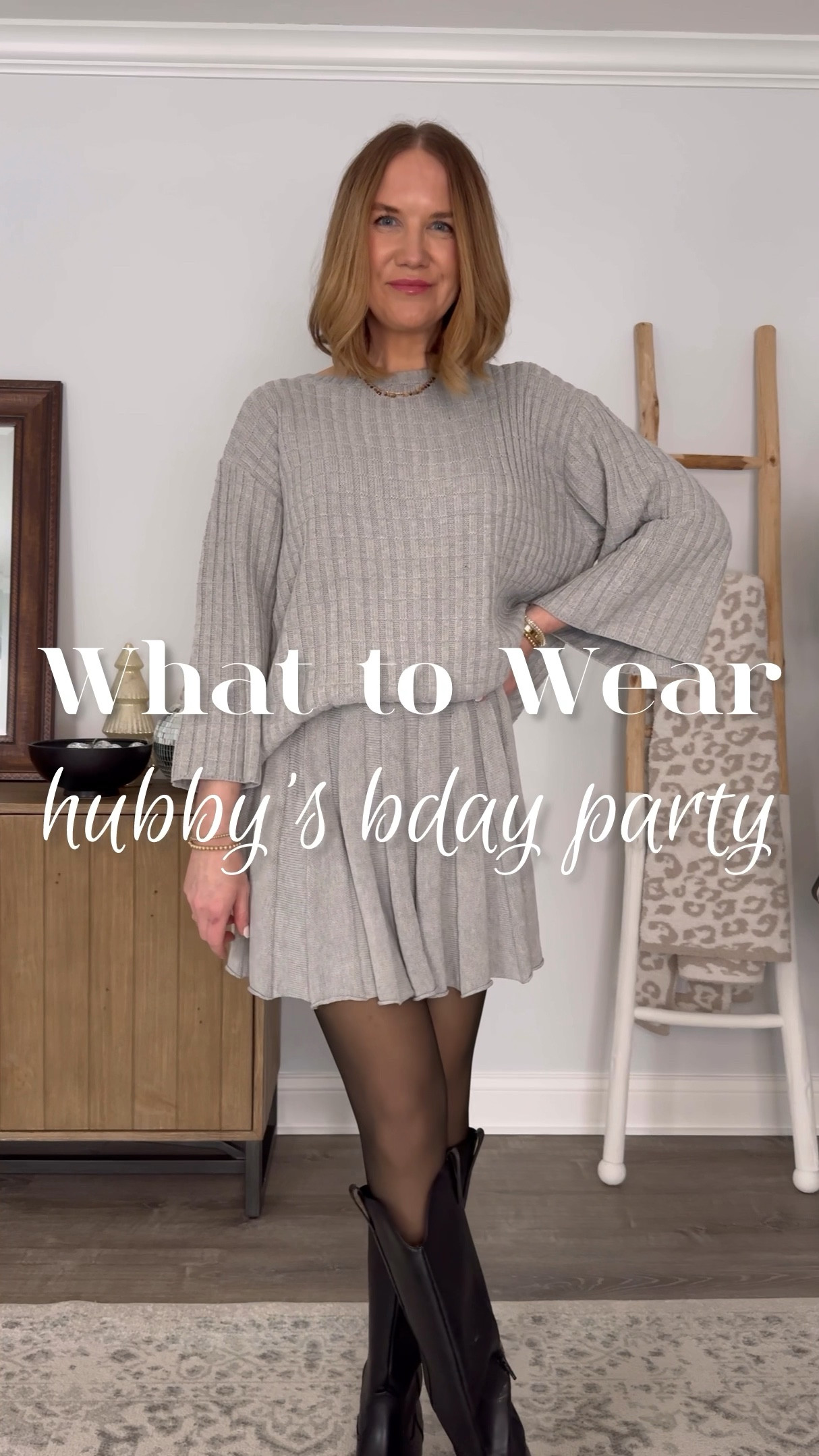 Can’t wait to celebrate hubby tonight! Which look is your favorite?
#amazonfashion #amazonoutfit 

Winter date night outfit, sweater skirt set, long sleeve lace top, western boots, slouch boots, buckle ballet flats, black moto jacket, sweater dress, over 40 outfit, timeless style, lookalike
