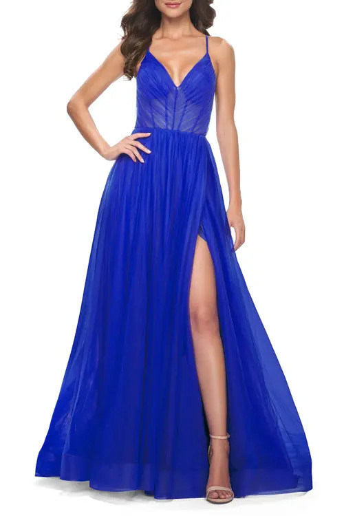 La Femme A-Line Prom Dress with Illusion Ruched Bodice in Royal Blue at Nordstrom, Size 0 | Nordstrom