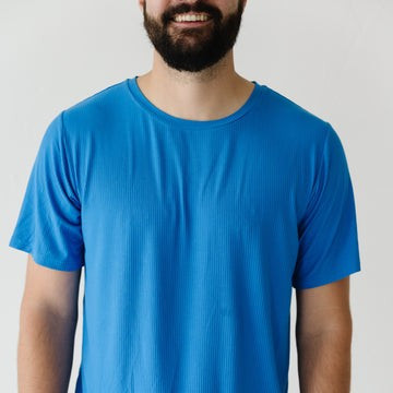 Cobalt Ribbed Men's Short Sleeve Bamboo Viscose Pajama Top | Little Sleepies
