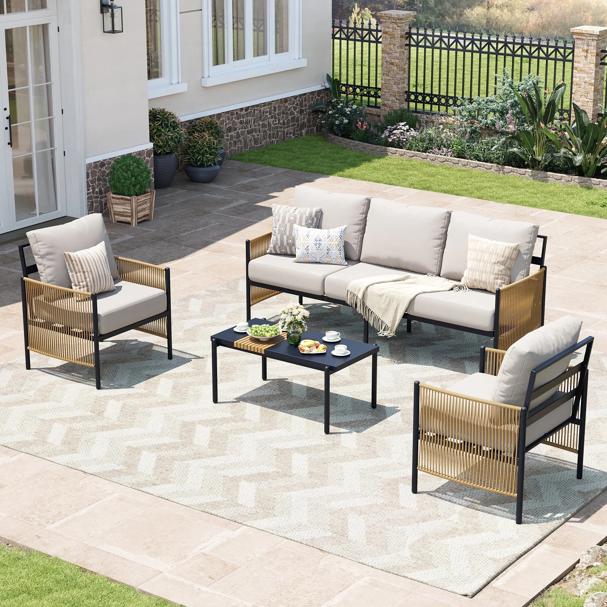 Jableast Outdoor Patio Furniture Set, 4 Piece Patio Conversation Sets with Coffee Table, HDPE Rope & Aluminum Armrests, All Weather Patio Set with Thick Cushions for Deck, Backyard, Indigo Ink - Walmart.com | Walmart (US)