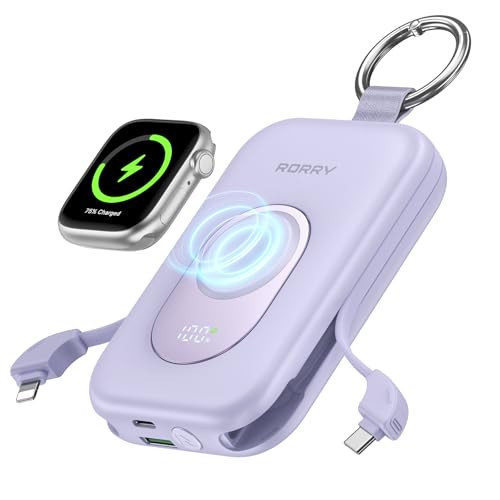 RORRY Portable Charger, 20000mAh PD 30W Portable Charger Power Bank with 2 Built-in Cables, Super Fast Charging Battery Pack with Keychain, Travel Essentials for iPhone, Apple Watch, iPad, Purple | Amazon (US)