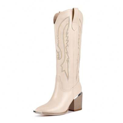 Cowboy Boots For Women With Pointed Metal Toe, Cowgirl Boots Women Knee High With Block Chunky Heel Long Western Boots For Women | SHEIN