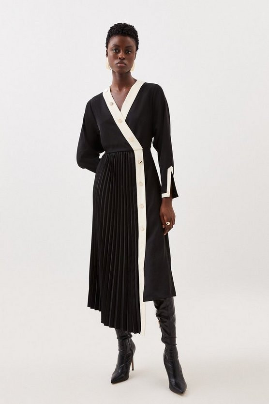 Petite Twill Pleated Woven Midi Dress | Karen Millen US