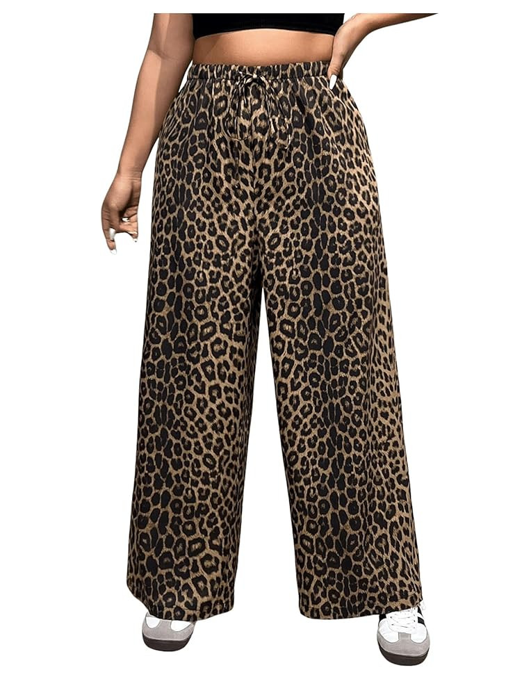 MakeMeChic Women's Plus Size Leopard Print Wide Leg Pants Casual Summer Drawstring Waist Trousers | Amazon (US)