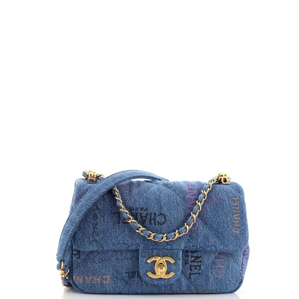 Chanel Denim Mood Flap Bag Logo Printed Quilted Denim Small Blue 154038420 | Rebag