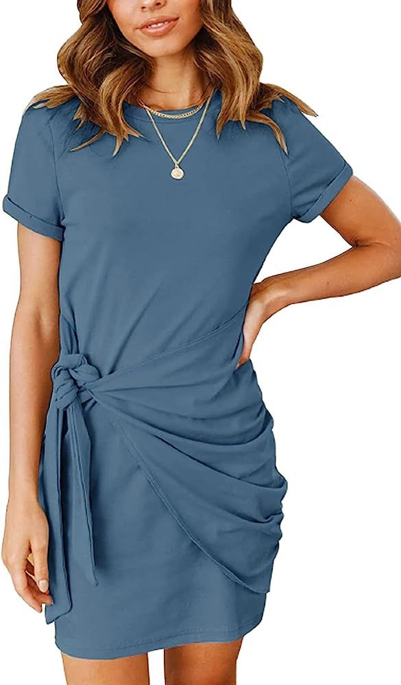MEROKEETY Women's Short Sleeve Crew Neck T Shirt Dress Tie Waist Ruched Bodycon Mini Dress | Amazon (US)
