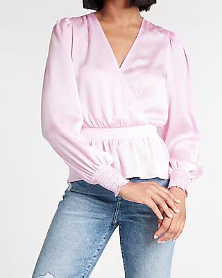 Satin Long Sleeve Faux Wrap Peplum Top | Express