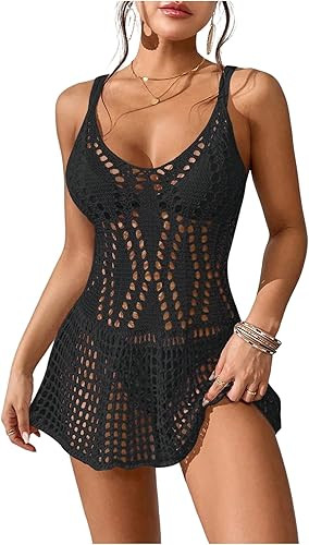WDIRARA Women's Crochet Sheer Sleeveless Beach Dress Hollow Out Crisscross Backless Cover Up Dres... | Amazon (US)