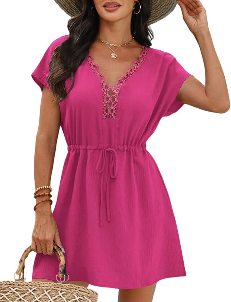 Womens Swimsuit Coverup Lace Crochet V Neck Cover Up Short Sleeve Beach Dress for Swimwear | Amazon (US)