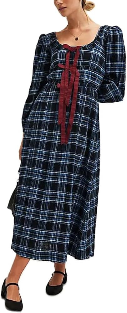 Womens Floral Embroidered Dress Boho Checkered Long Puff Sleeve Flowy Dress Square Neck Ruffle Sm... | Amazon (US)