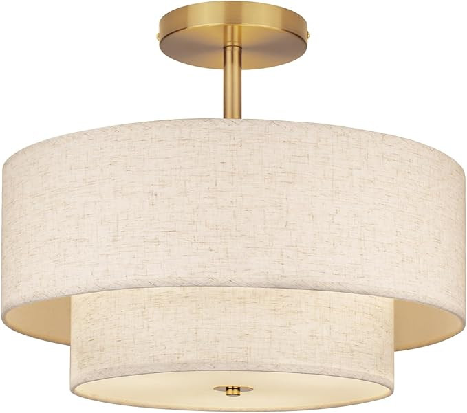 18 Inch Large Semi Flush Mount Ceiling Light Fixture with Dual Drum Design, Gold Farmhouse Fabric... | Amazon (US)