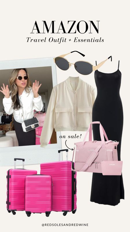 Amazon travel outfit and essentials! Wearing size small in dress and jacket. Pink travel essentials, travel tote, link luggage, skims similar dress, Celine similar sunglasses, travel style, airport outfit, airport style 

#LTKFindsUnder50 #LTKStyleTip #LTKTravel