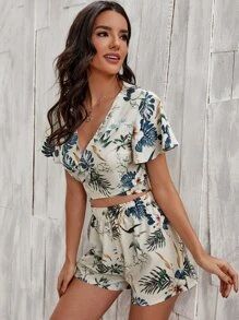 SHEIN VCAY Floral And Tropical Print Crop Wrap Top With Shorts SKU: swtwop44201208469(1000+ Revie... | SHEIN