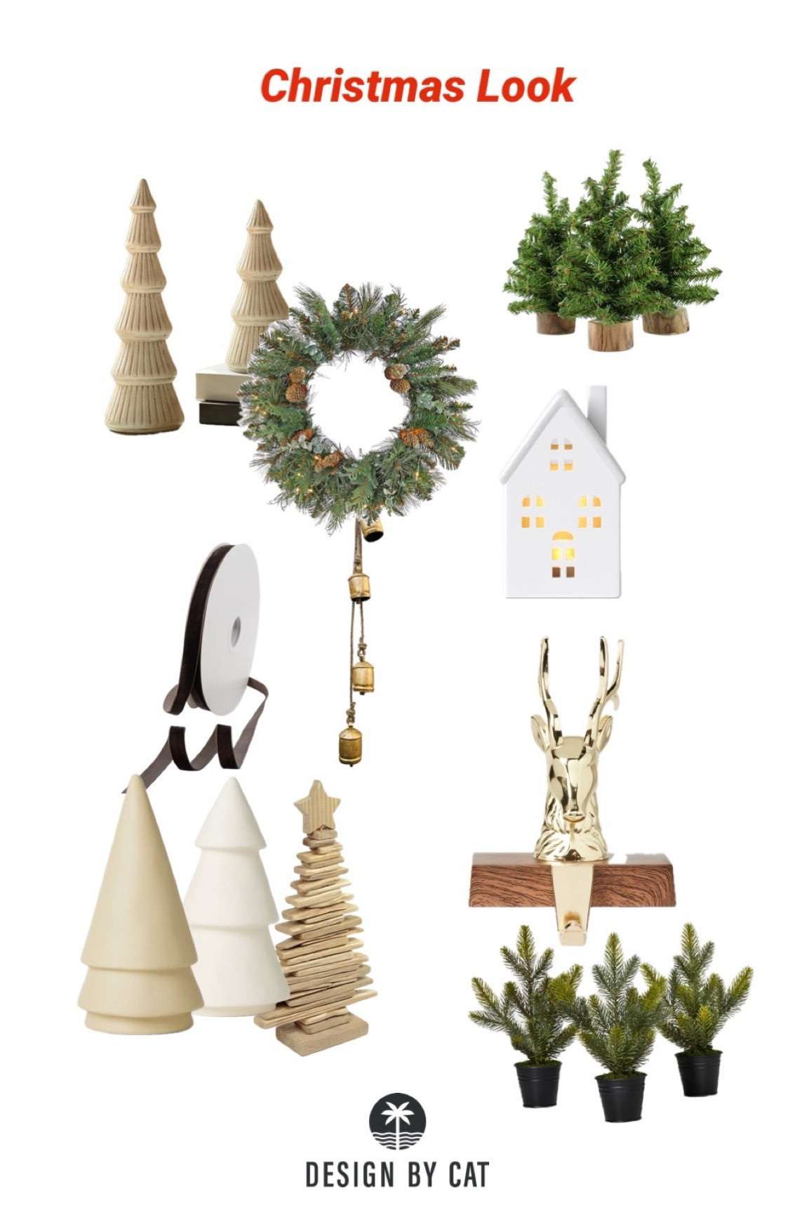 Mini Christmas Trees
Ceramic Christmas Trees
Antique style mini gold bells
Brown velvet ribbon
White ceramic house
Gold reindeer stocking holder
Wreath with pinecones

#LTKhome #LTKHoliday #LTKSeasonal