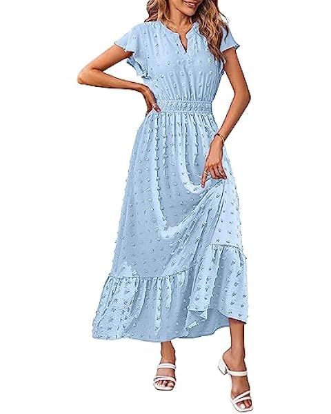 PRETTYGARDEN Womens Dresses 2024 Boho Short Sleeve V Neck Swiss Dot Ruffle Tiered Maxi Dress Smoc... | Amazon (US)