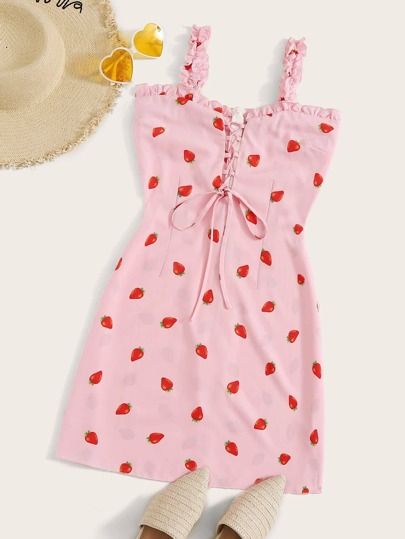 Plus Lace Up Strawberry Print Cami Dress | SHEIN