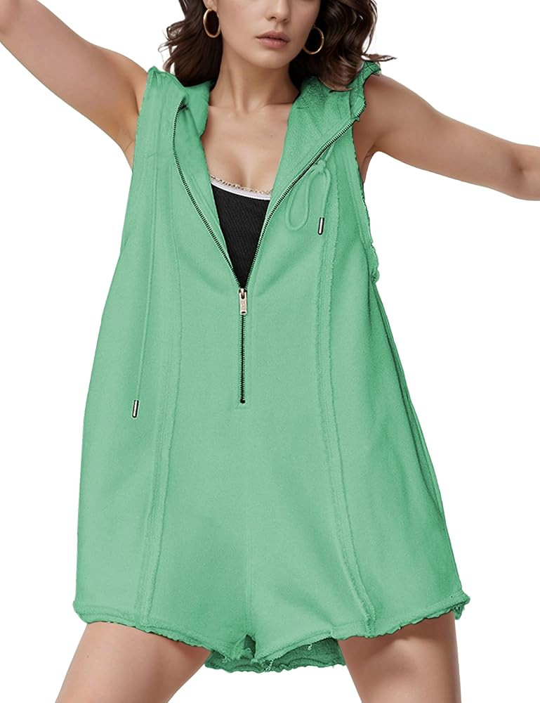 Rompers for Women 2025 Comfy Athletic Workout Sweatshirt Romper Casual Hooded Sleeveless Jumpsuit... | Amazon (US)