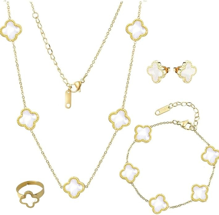 OSIRIDEH2 Clover Jewelry Set 18K Gold Plated Stainless Steel Necklace with Flower Design Four lea... | Amazon (US)
