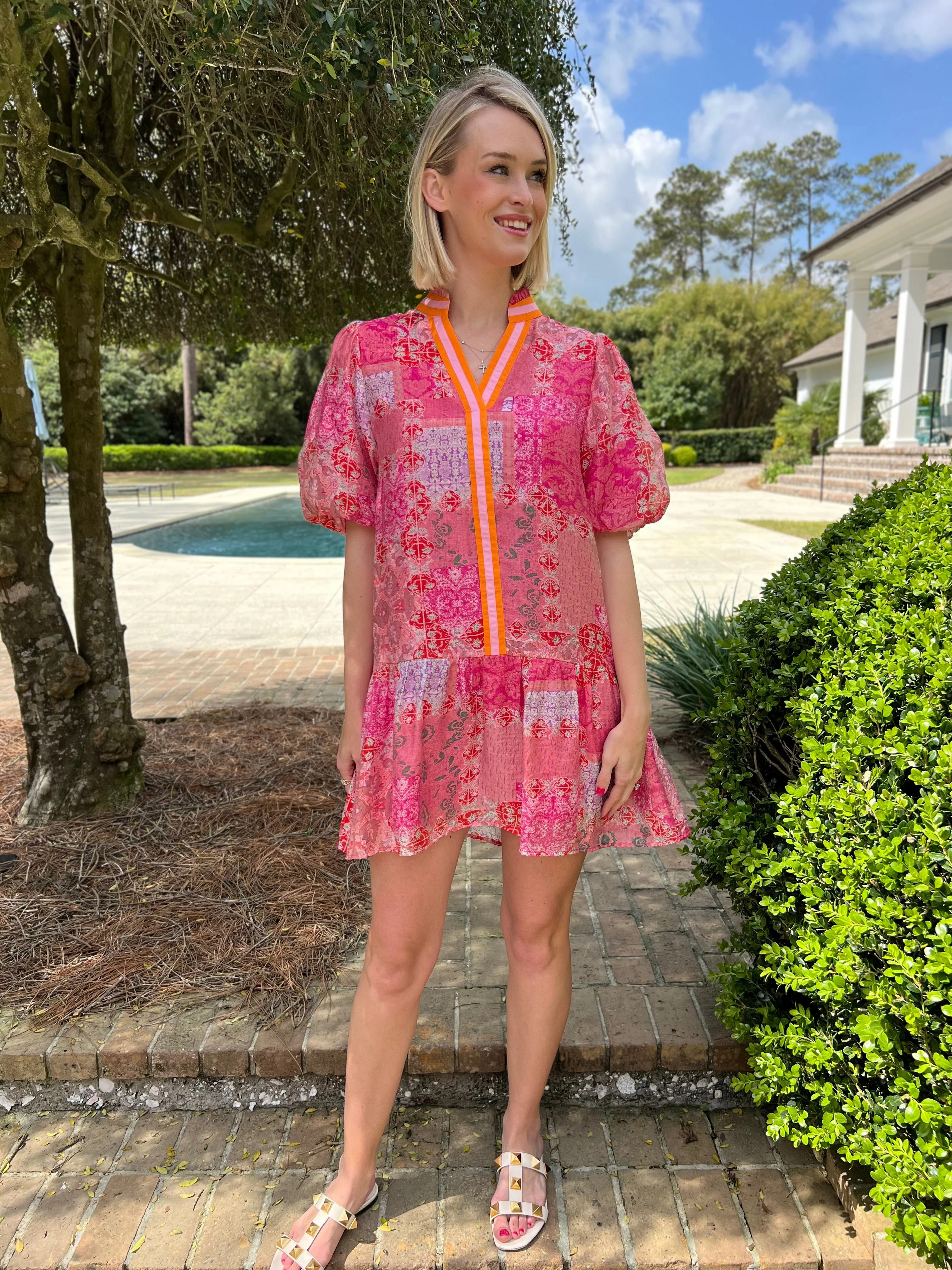 Hanging Around Pink Multi Print Mini Dress | Caroline Hill