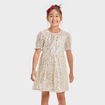 Girls' Short Sleeve Sequin Dress - Cat & Jack™ Cream | Target
