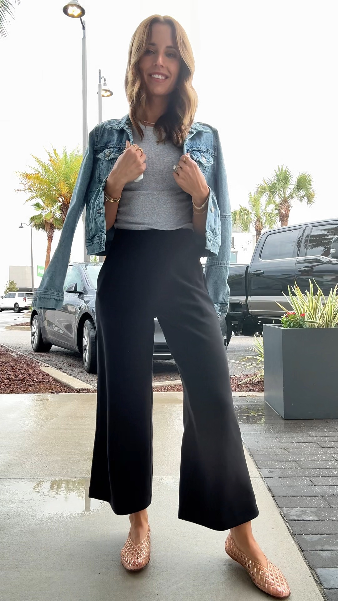 My outfit of the day! Amazon modal-blend wide leg pants in XXS. Aritzia ribbed baby tee in XS. Free a people denim jacket. Jelly ballet flats are whole sizes only - I sized down to a 6 based on reviews and am usually a 6.5. Spring outfit. Travel outfit. Elevated casual outfit. Summer outfit. Mom outfit.

#LTKootd #LTKgrwm #LTKTravel