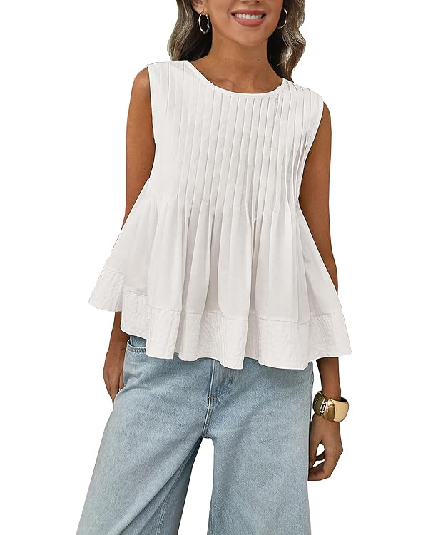 Womens Summer Pleated Peplum Sleeveless Blouse Tank Tops Round Neck Y2K Babydoll Blouse Shirt | Amazon (US)