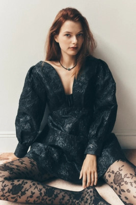 Maeve Long-Sleeve V-Neck Jacquard Babydoll Mini Dress | Anthropologie (US)