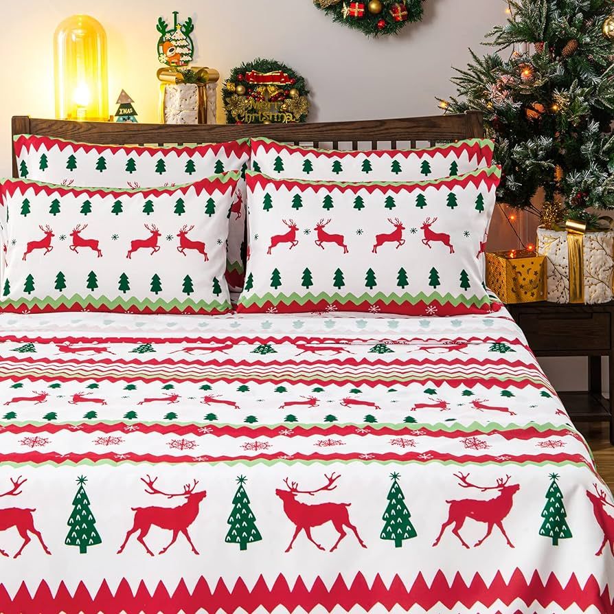 BYSURE Christmas Reindeers and Trees Pattern Bed Sheets 6 Pieces Set (King Size, Christmas Reinde... | Amazon (US)