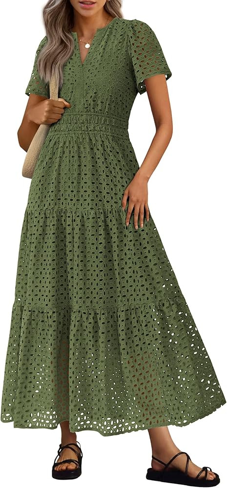 PRETTYGARDEN Womens 2025 Summer Maxi Dress Short Sleeve V Neck Hollow Out Eyelet A Line Long Flow... | Amazon (US)