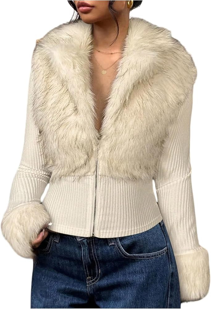Verdusa Women's Faux Fur Furry Fuzzy Collared Zip Up Jacket Fall Clothes Slim Fit Winter Coats | Amazon (US)