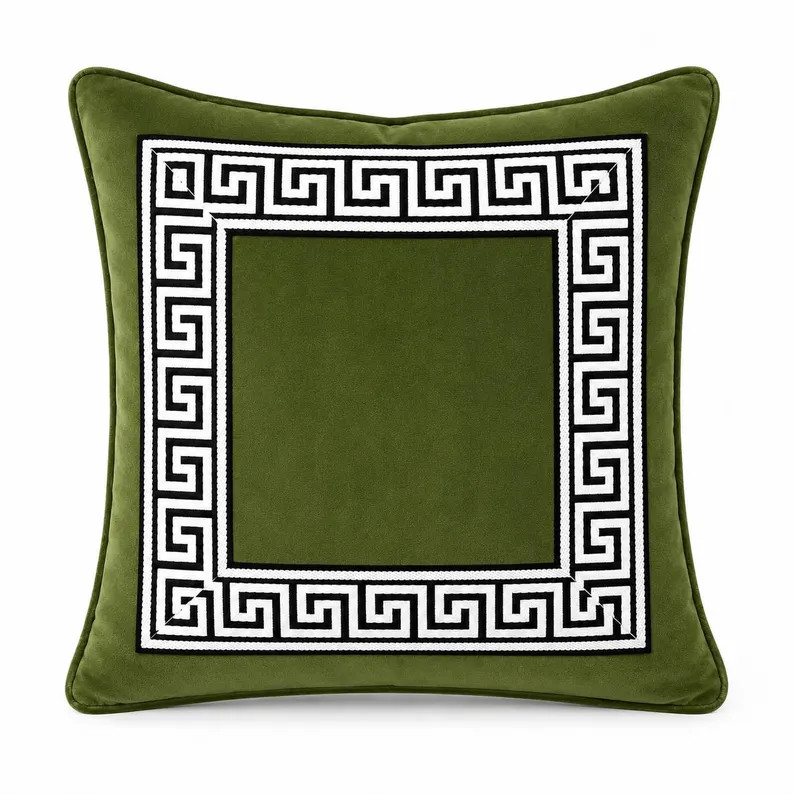 Moss Green Velvet Pillow Cover with Black Greek Key Trim | 16x16 Designer Chinoiserie Accent Pill... | Etsy (Global)