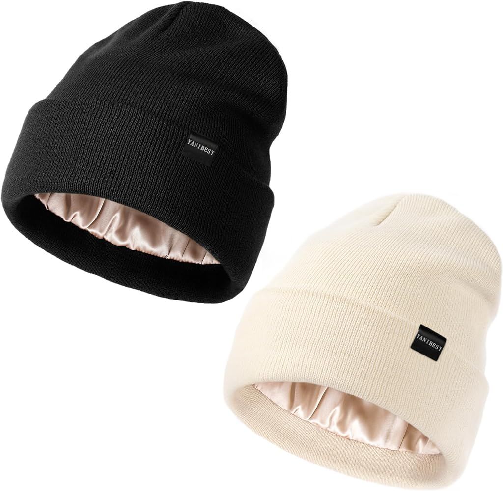 YANIBEST 3 Pack Satin Lined Beanie Hats for Women Men Knit Beanie Hat Soft Warm Unisex Cuffed Bea... | Amazon (US)