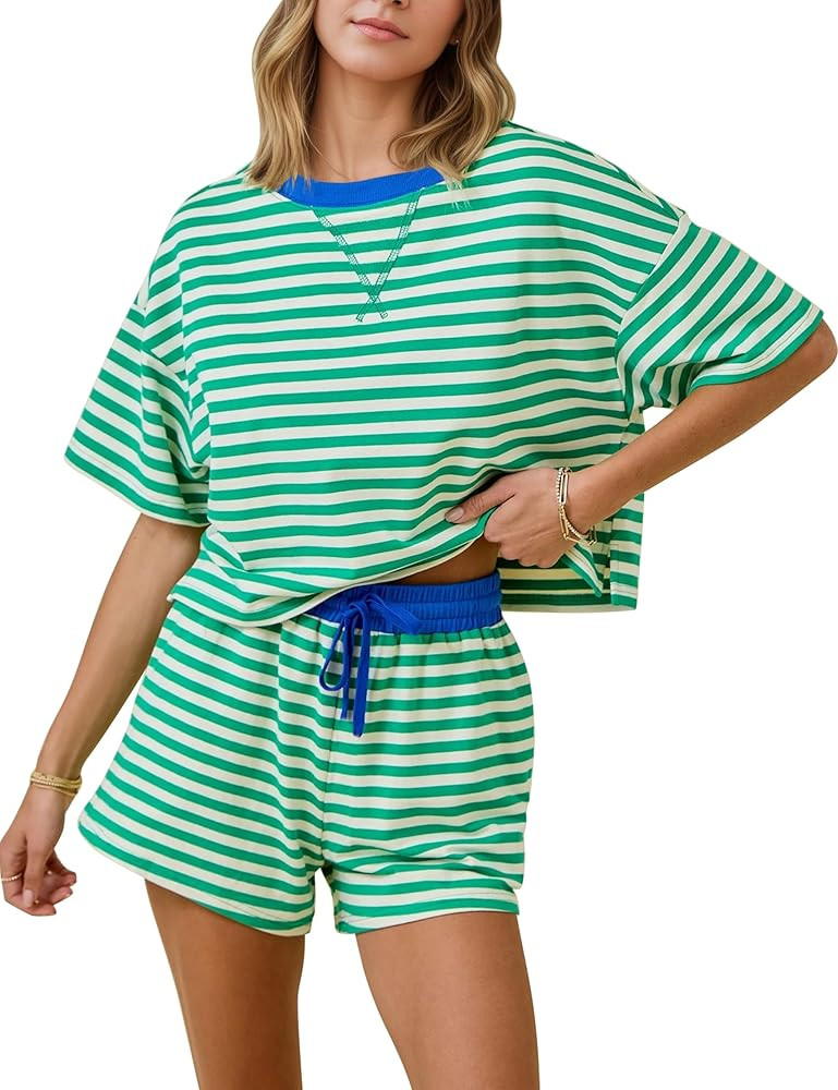 MISSACTIVER Womens Lounge 2 Piece Sets Summer Striped Matching Pajamas Set Short Sleeve Oversized... | Amazon (US)