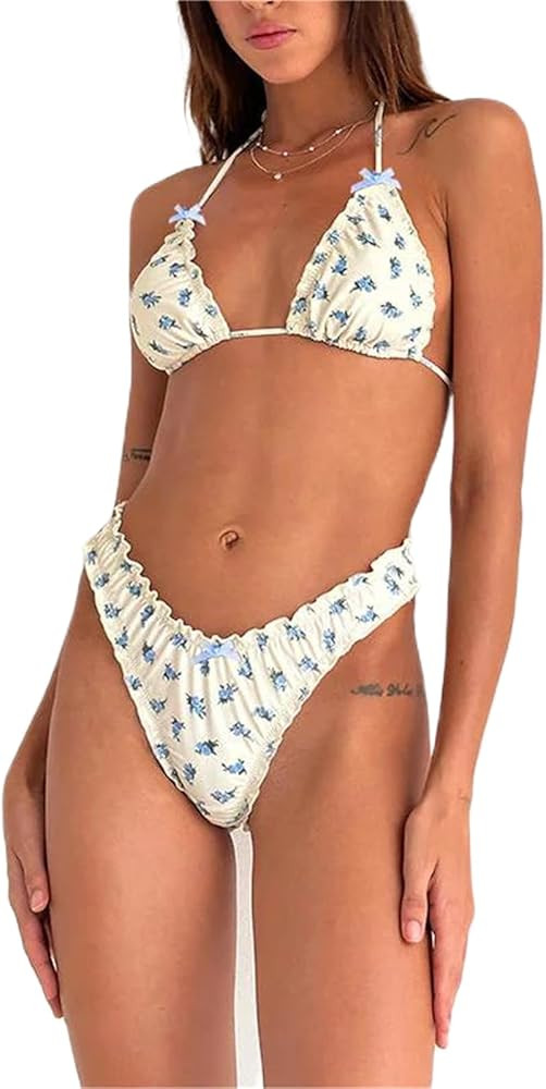 Alyweatry Women Y2k Bikinis Sets Coquette Aesthetic Bows Halter Tie Up Bikini Top High Cut Elasti... | Amazon (US)