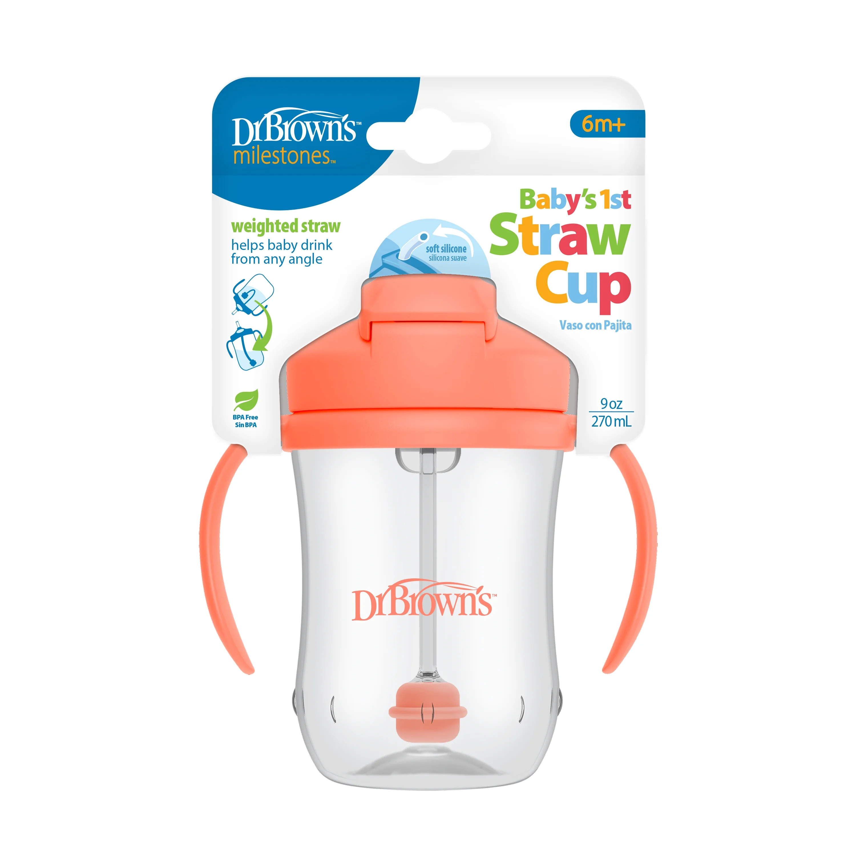 Dr. Brown's Milestones Baby’s First Straw Cup, Training Cup with Weighted Straw, Coral, 6m+ | Walmart (US)