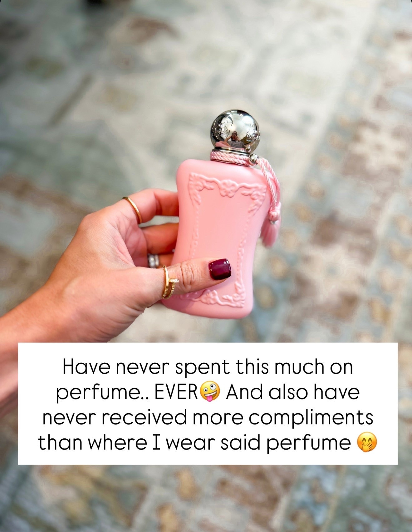 Expensive stuff that’s unfortunately 1000% worth it! Parfums de Marly ‘Delina’. 
*Top Notes
Bergamot, Lychee, Rhubarb
*Heart Notes
Damascena Rose, Nutmeg
*Base Notes
Cashmeran, Musks, Vetiver