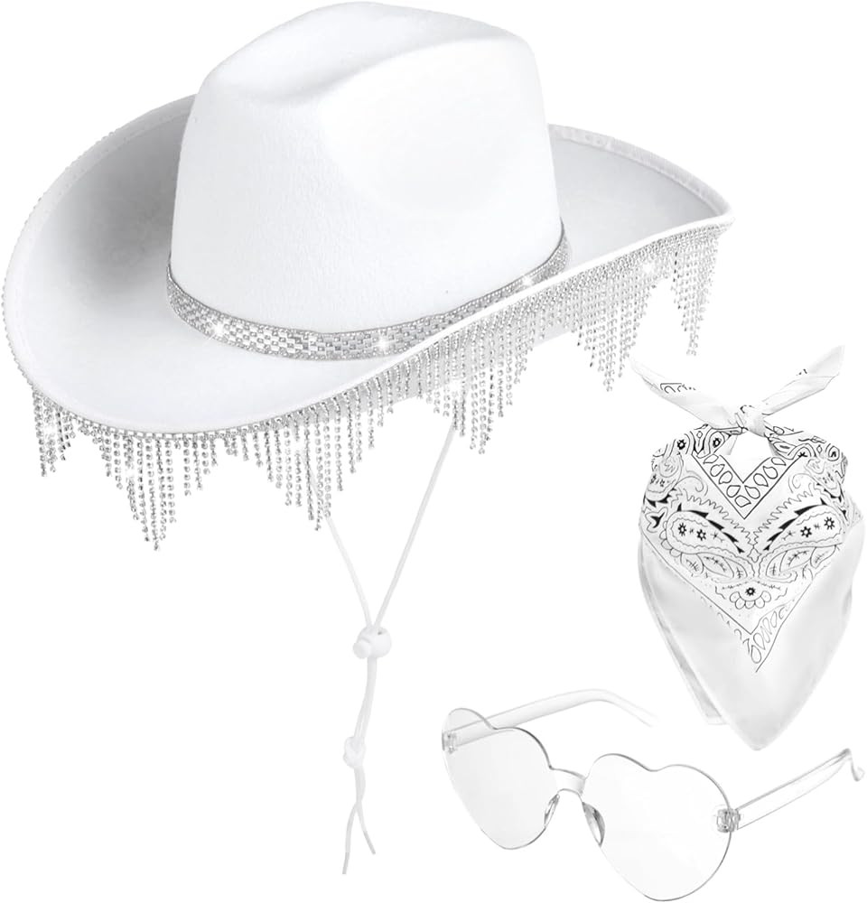 Homaisson White Cowgirl Hat for Women, Sparkly Cowboy Hat with Sunglasses Bandanas Glitter Cowgir... | Amazon (US)