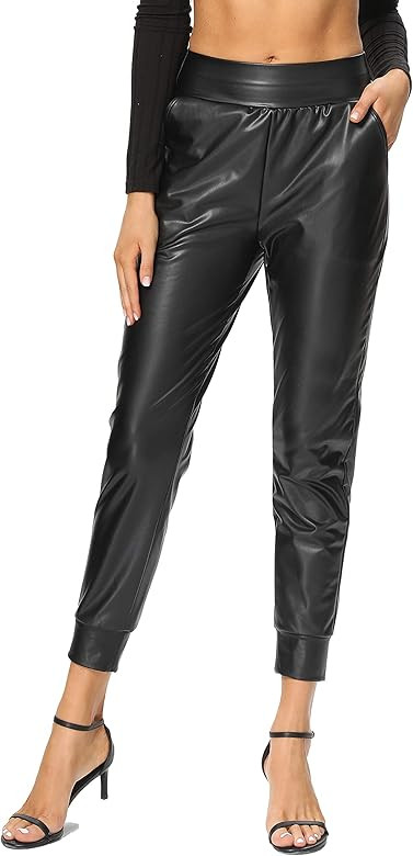 V VOCNI Faux Leather Jogger Pants High Waisted Thick Tummy Control Slimming Stretchy Black Leggin... | Amazon (US)