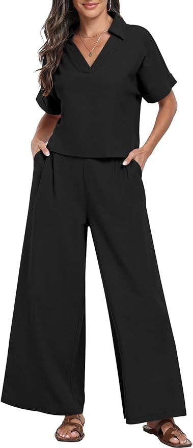 ANRABESS Women’s 2 Piece Outfits Summer Casual Short Sleeve V Neck Crop Top Wide Leg Pants Loun... | Amazon (US)