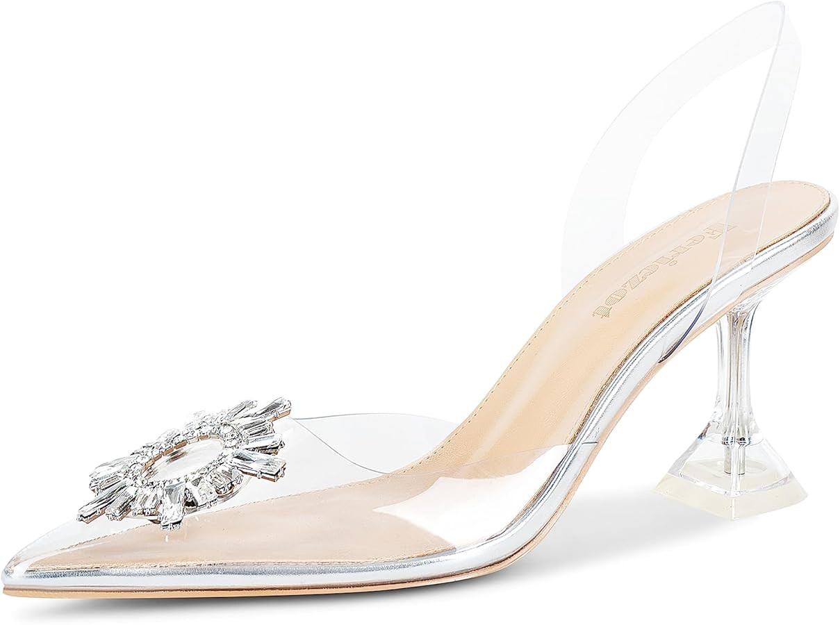 Fericzot Women's Clear Heels Shoes,Slingback Crystal Rhinestones Wedding Pointed Toe Shoes High H... | Amazon (US)