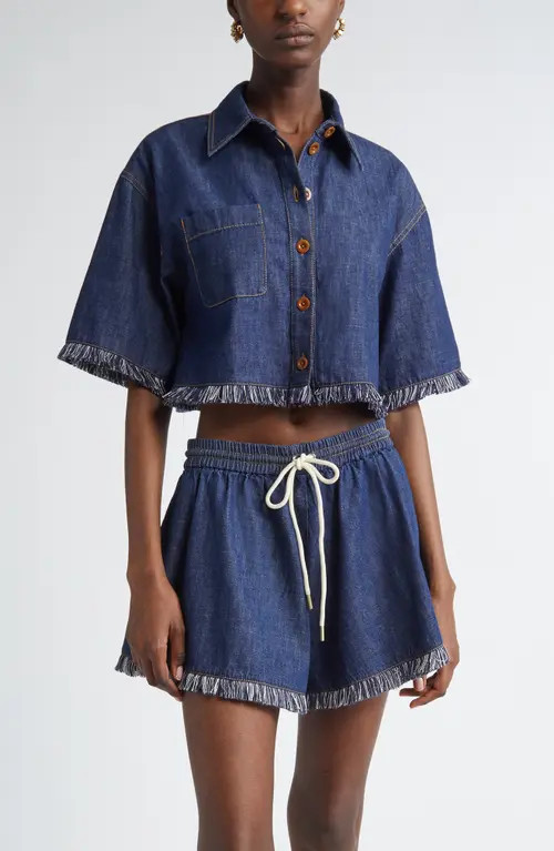 Zimmermann Rhiannon Fringe Trim Crop Denim Shirt in Atlantic at Nordstrom, Size 2 | Nordstrom