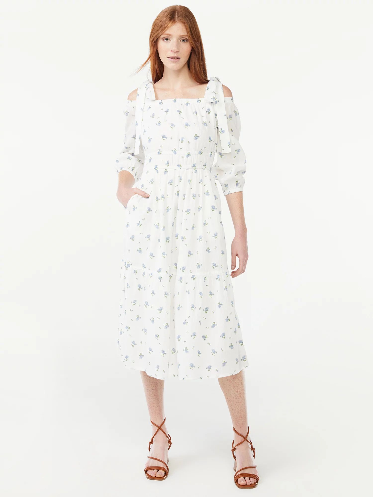 Free Assembly Women's Off the Shoulder Midi Dress with Tie Straps | Walmart (US)