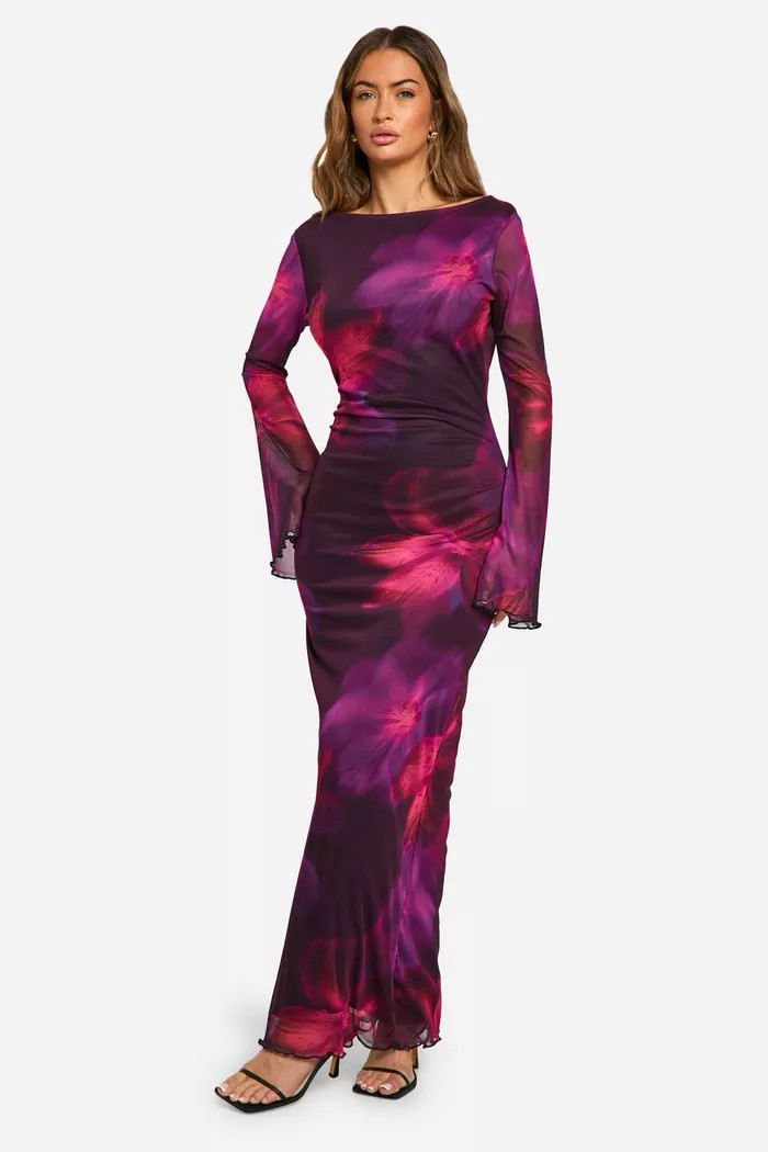 Floral Mesh Low Back Maxi Dress | boohoo (US & Canada)
