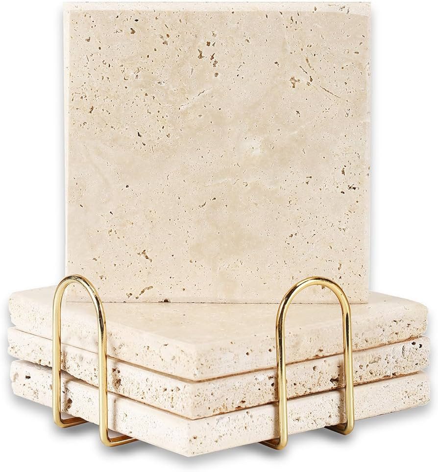 4pcs 4" Travertine Marble Coasters for Drinks Natural Coasters Set,Square of Stone Drink with Gol... | Amazon (US)
