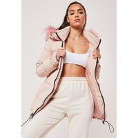 Pink Belted Faux Fur Trim Puffer Jacket | Missguided (US & CA)