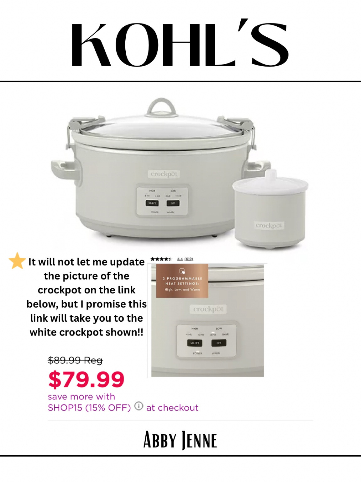 THE LINK BELOW WILL TAKE YOU TO THE WHITE CROCKPOT SHOWN!!! Don't be deceived by the black crockpot on the link!

Kitchen stuff | Kitchen appliances | Home finds | Kohls | Home Decor | Kitchen Decor 

#LTKSeasonal #LTKHalloween #LTKhome