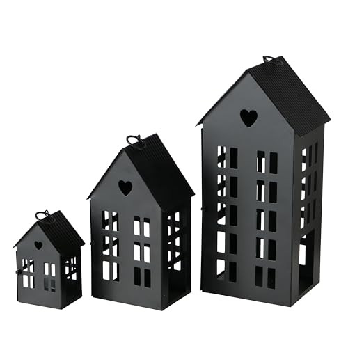 Main Street Town House Candle Lanterns, Set of 3, Vintage Style, Heart Details, Rustic Black, Metal, Corrugated Gabled Roof-Tops, 13.75, 9.5, and 5 Inches Tall | Amazon (US)