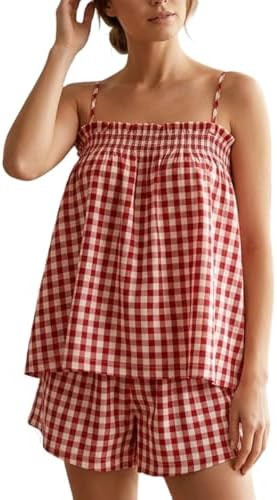Women Gingham Two Piece Set Sleeveless Babydoll Tank Top and Plaid Shorts Pajama Set Sleepwear Y2... | Amazon (US)