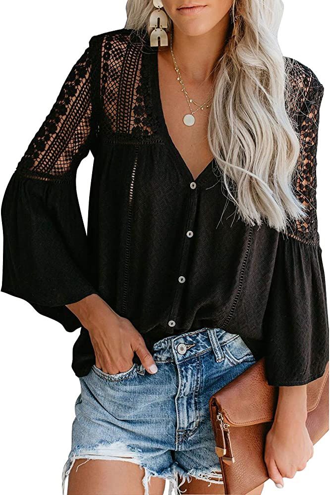 FARYSAYS Women's Tops Lace Crochet V Neck Button Down Bell Sleeve Shirts Casual Loose Blouses | Amazon (US)