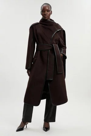 Brushed Wool Pu Mix Scarf Neck Belted Tailored Maxi Coat | Karen Millen UK + IE + DE + NL